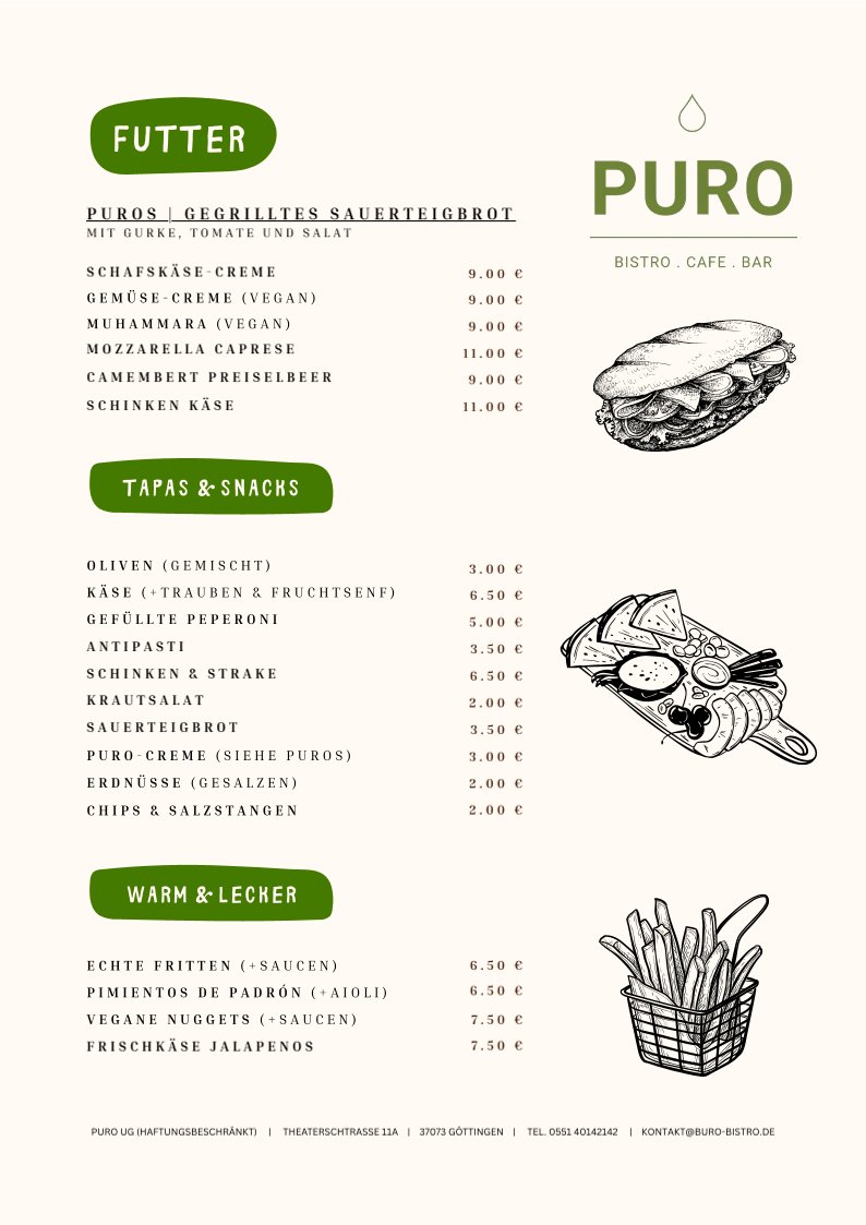 Speisekarte, PURO - Bistro.Cafe.Bar