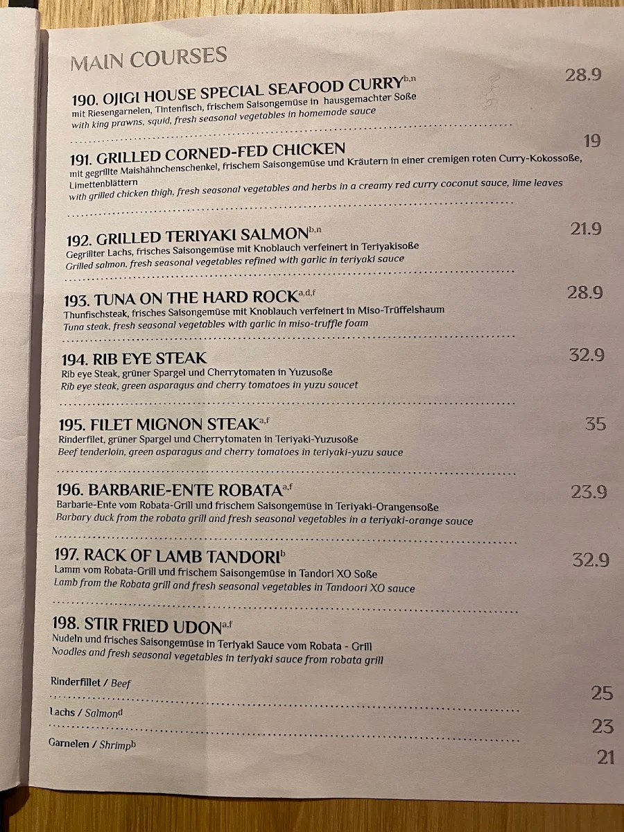 Speisekarte, OJIGI - Japanisches Restaurant Mannheim