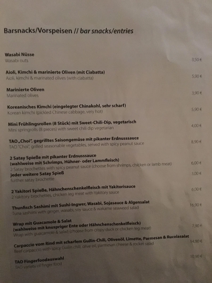 Speisekarte, TAO Bar & Restaurant