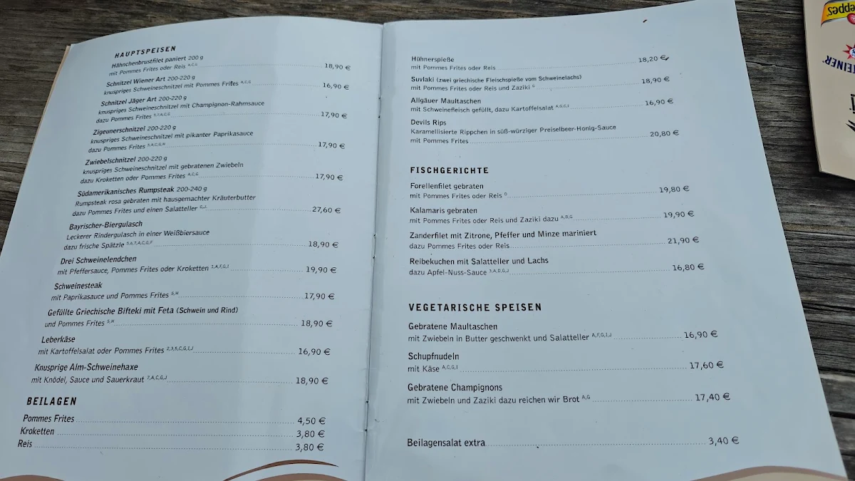 Speisekarte, Restaurant Edersee-Alm