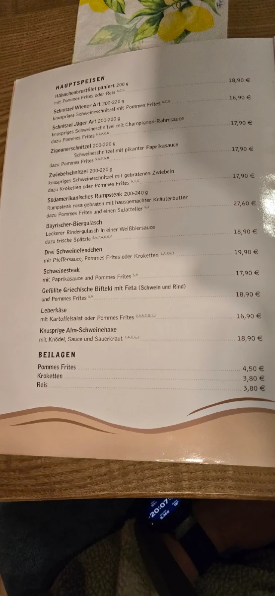 Speisekarte, Restaurant Edersee-Alm