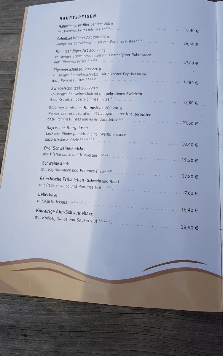 Speisekarte, Restaurant Edersee-Alm