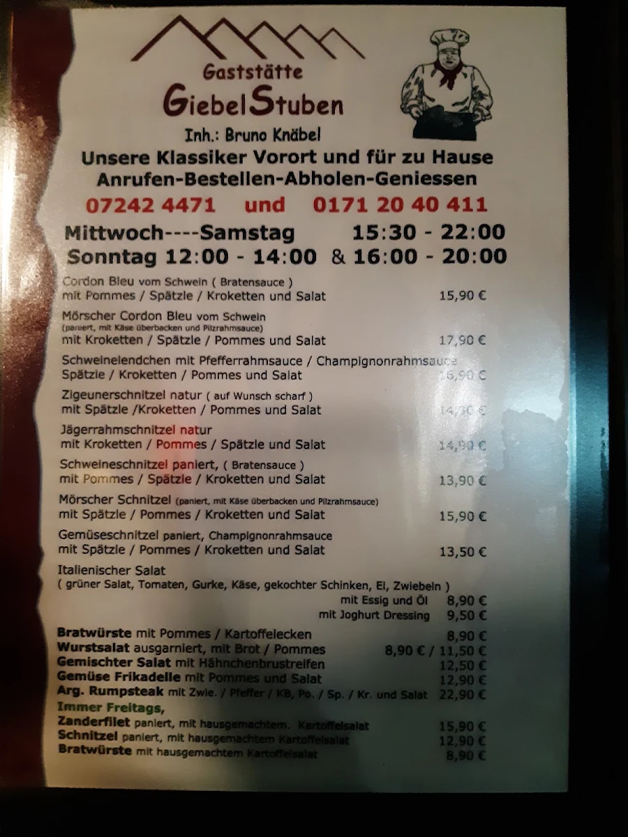 Speisekarte, Gaststätte GiebelStuben Rheinstetten / Mörsch "Morgenröte"