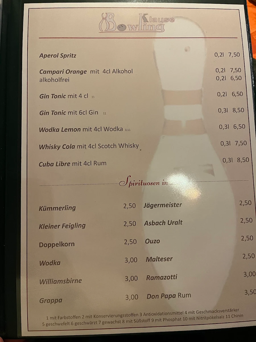 Speisekarte, Bowlingklause