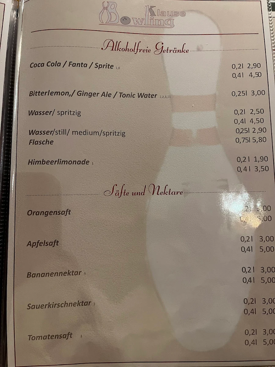 Speisekarte, Bowlingklause