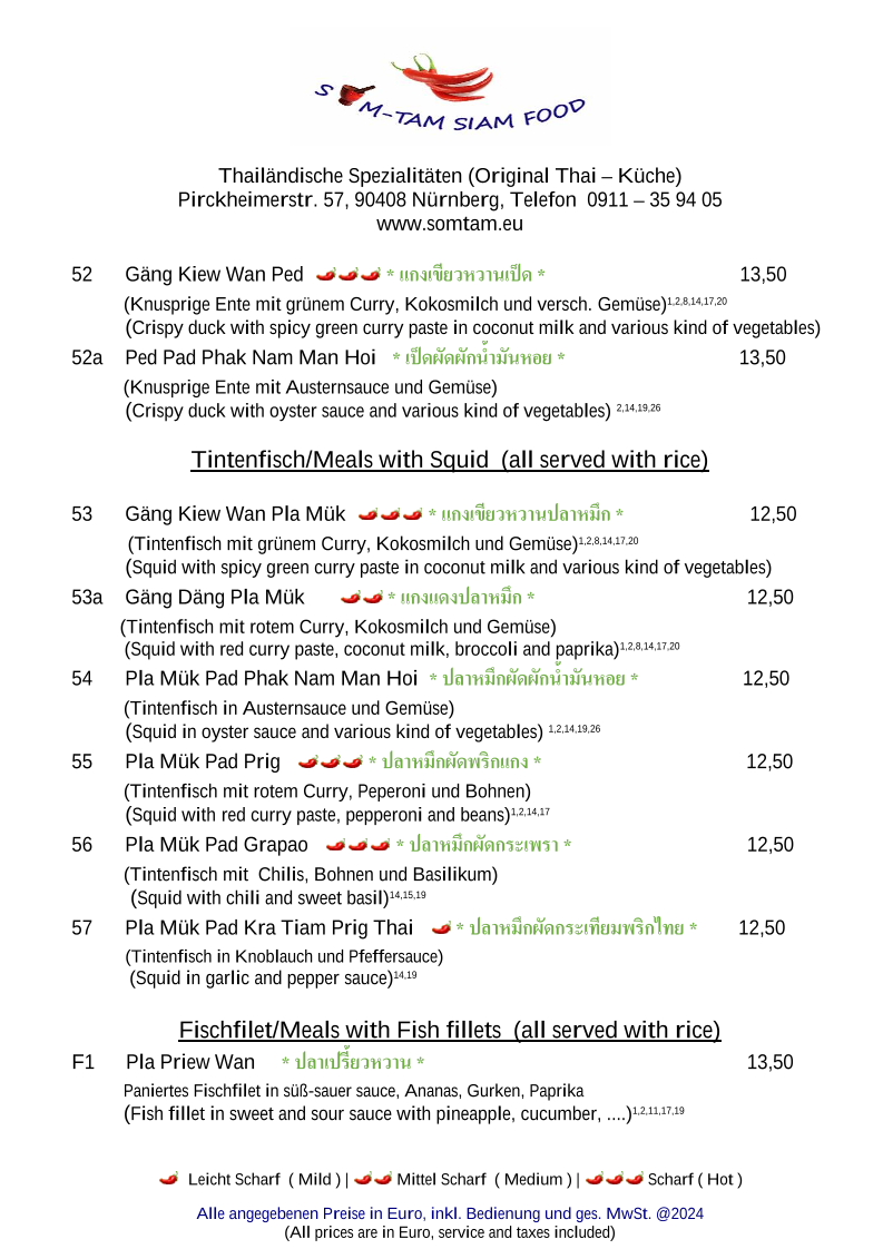 Speisekarte, Som Tam Siam Food Nürnberg