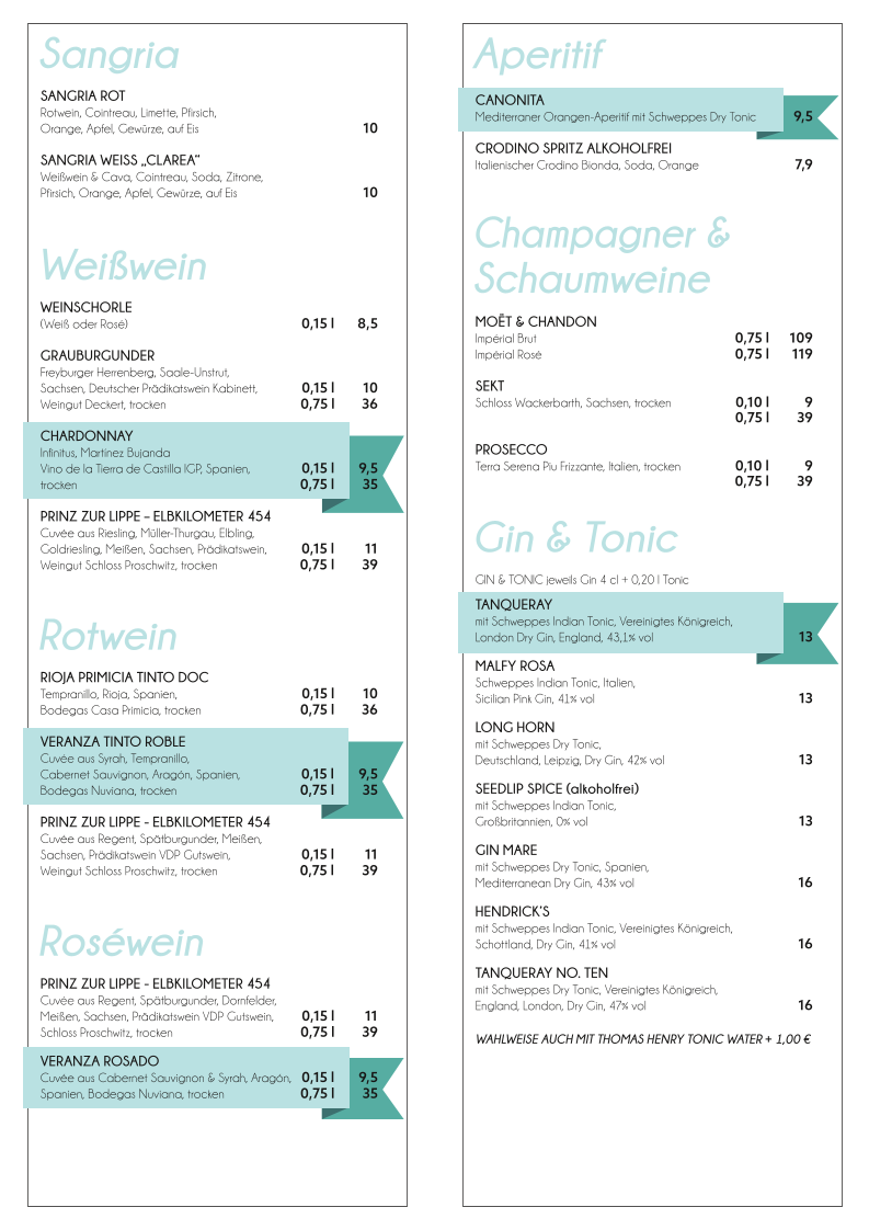 Speisekarte, SYNDEO Restaurant Leipzig