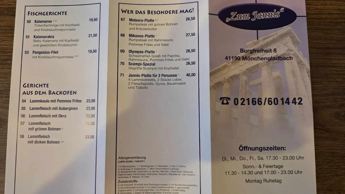 Speisekarte, Zum Jannis