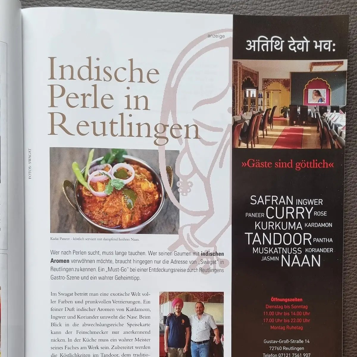 Speisekarte, Swagat indisches Restaurant