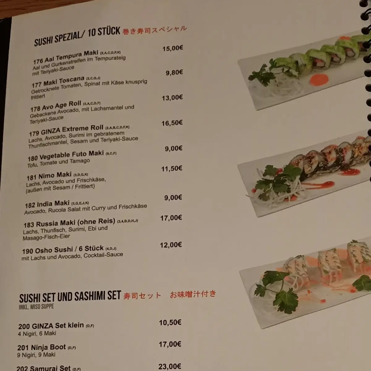 Speisekarte, GINZA Sushi Restaurant