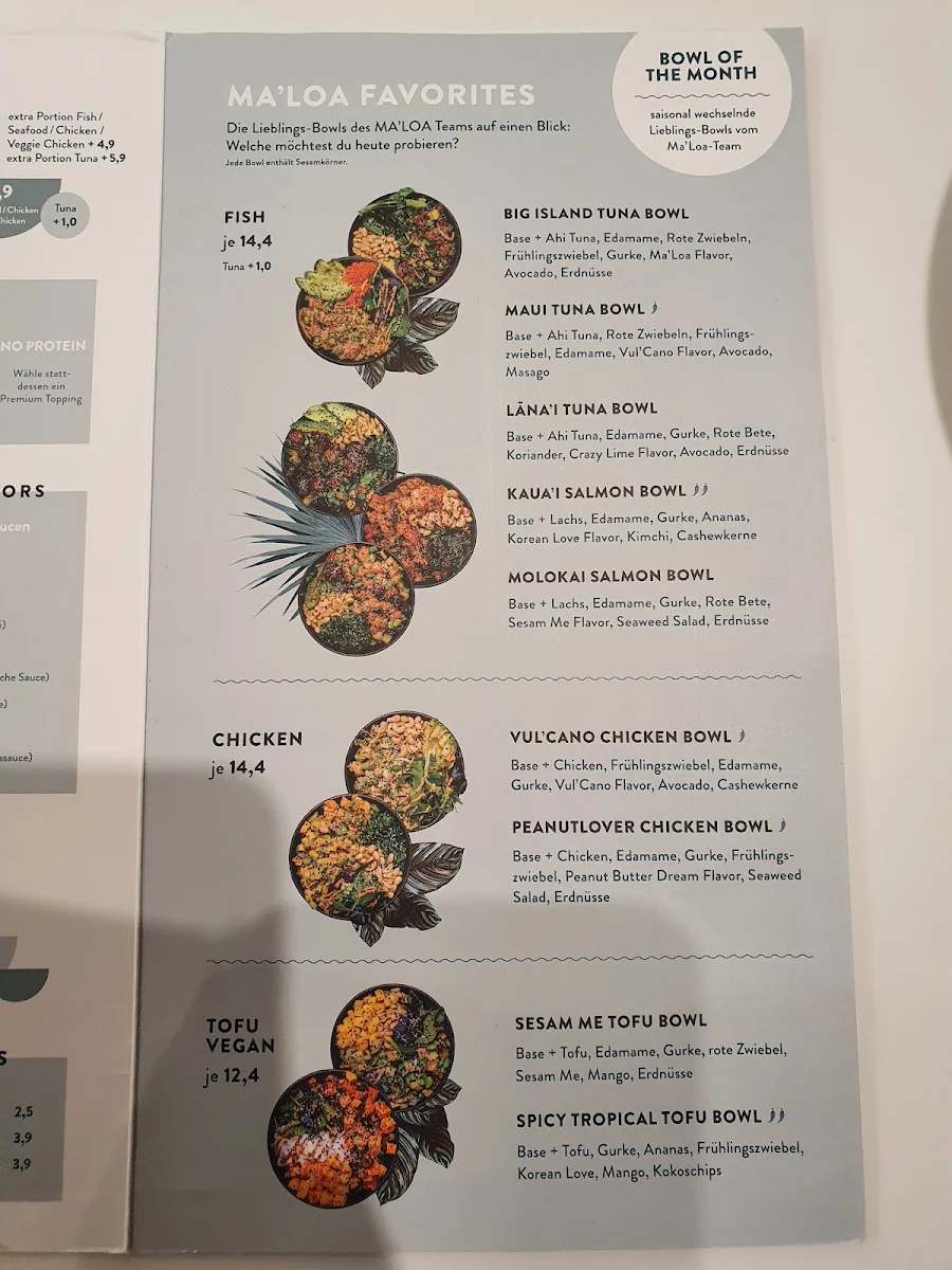 Speisekarte, MA'LOA Poké Bowl