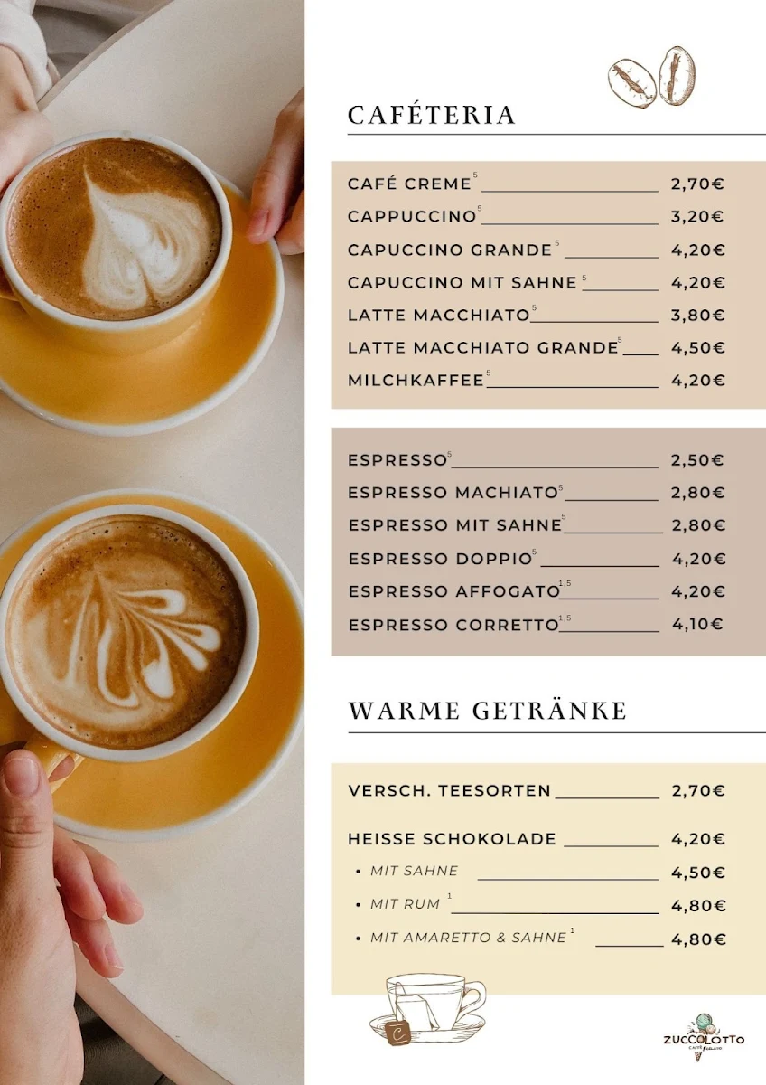 Speisekarte, Caffè Gelato ZUCCOLOTTO