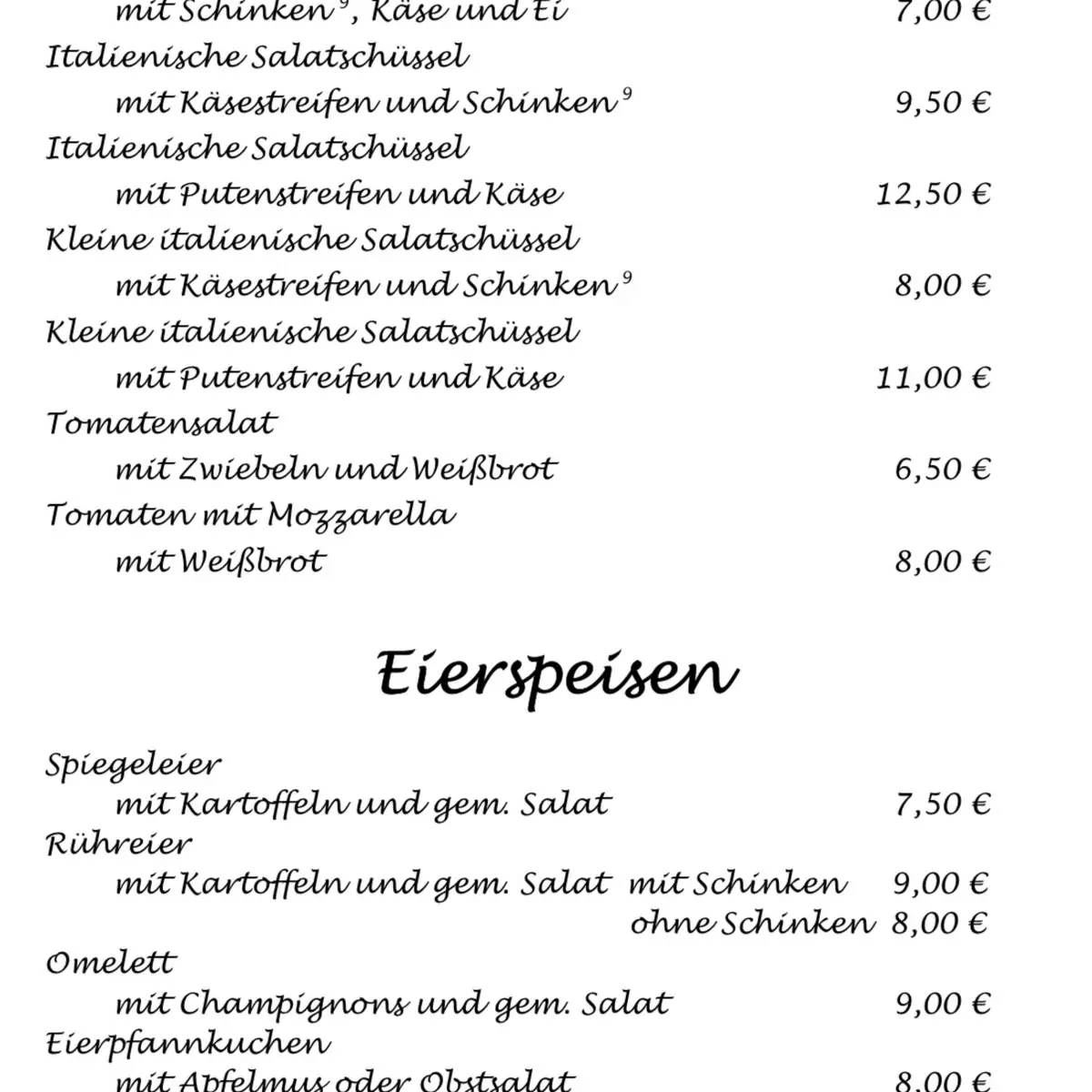 Speisekarte, Hotel Gaststätte Luley