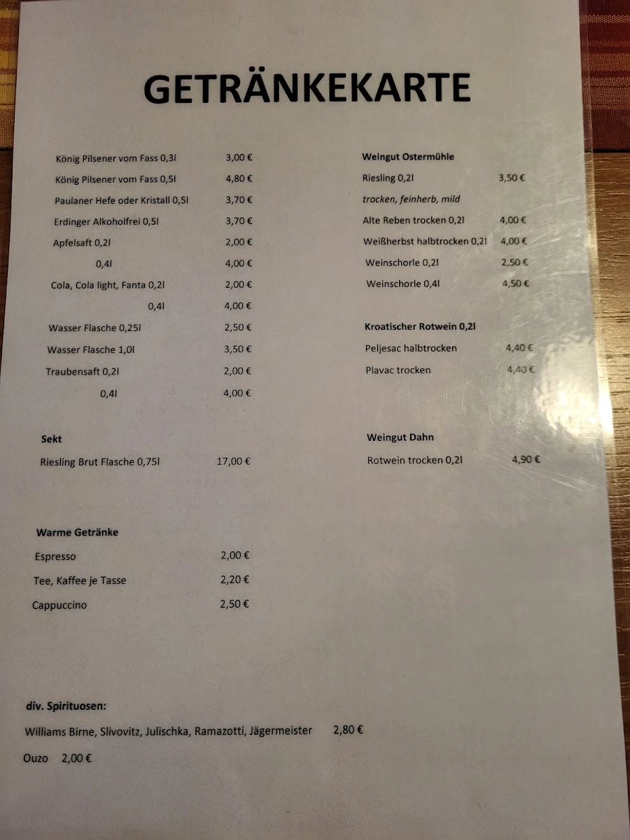 Speisekarte, Tennisheim Marienthal bei Mario