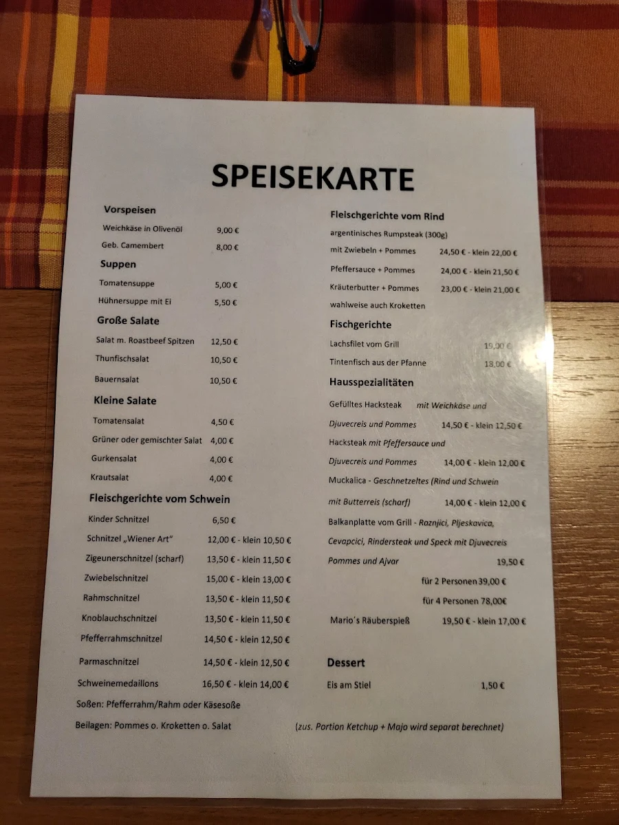 Speisekarte, Tennisheim Marienthal bei Mario