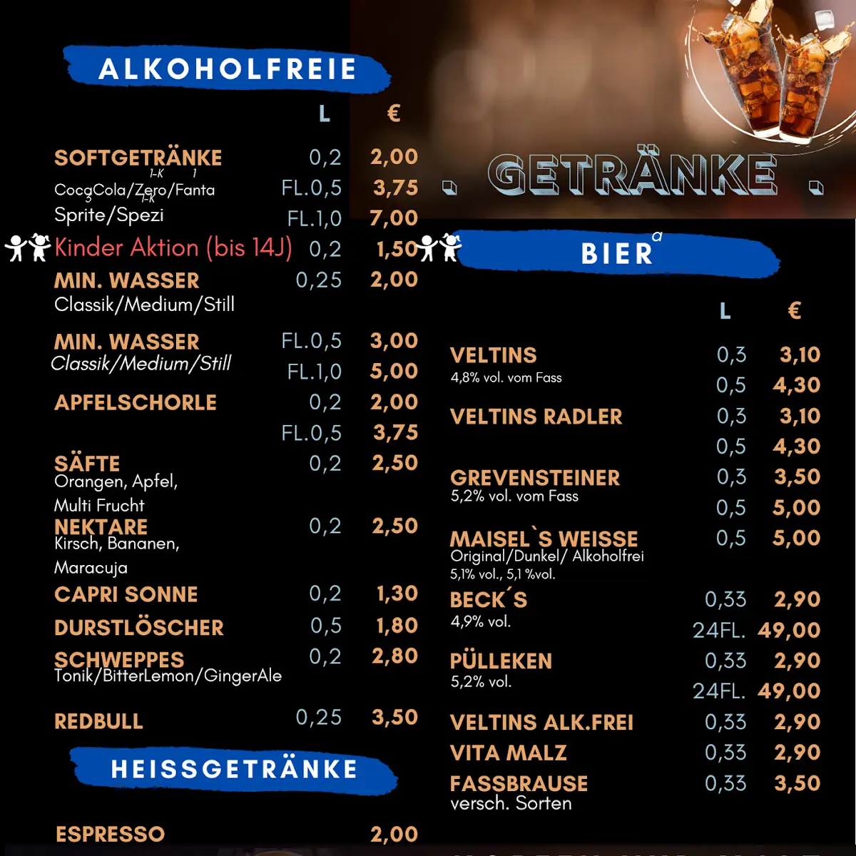 Speisekarte, Gastronomie Halbzeit bei der LTS Arena