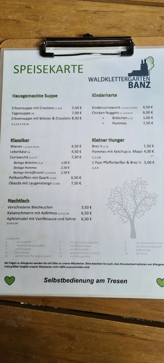 Speisekarte, Waldklettergarten Banz Waldschänke
