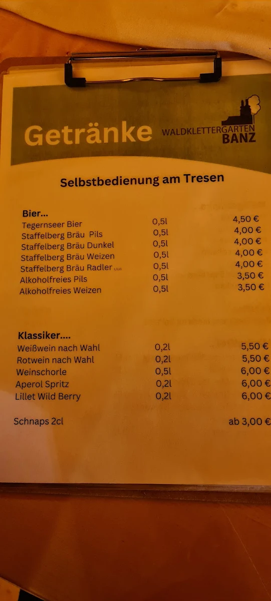 Speisekarte, Waldklettergarten Banz Waldschänke