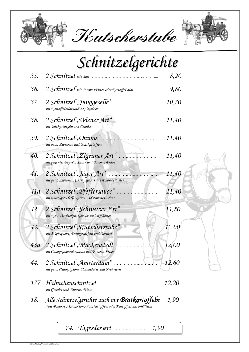 Speisekarte, Kutscherstube