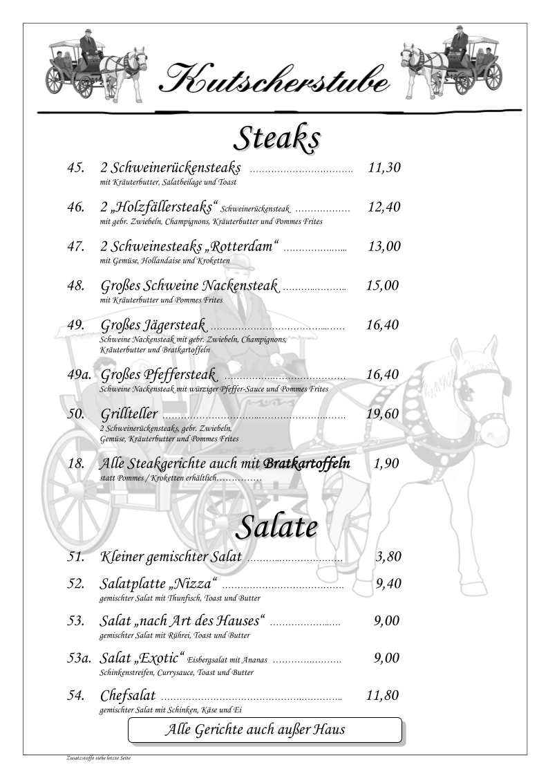 Speisekarte, Kutscherstube