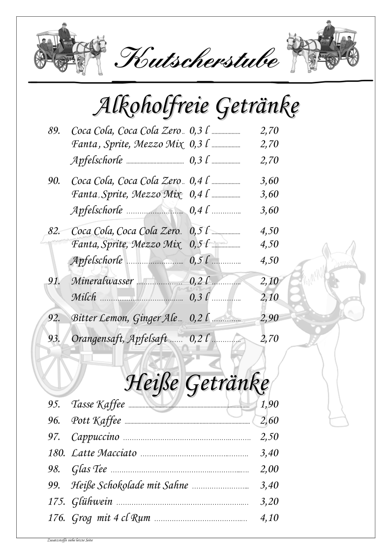 Speisekarte, Kutscherstube