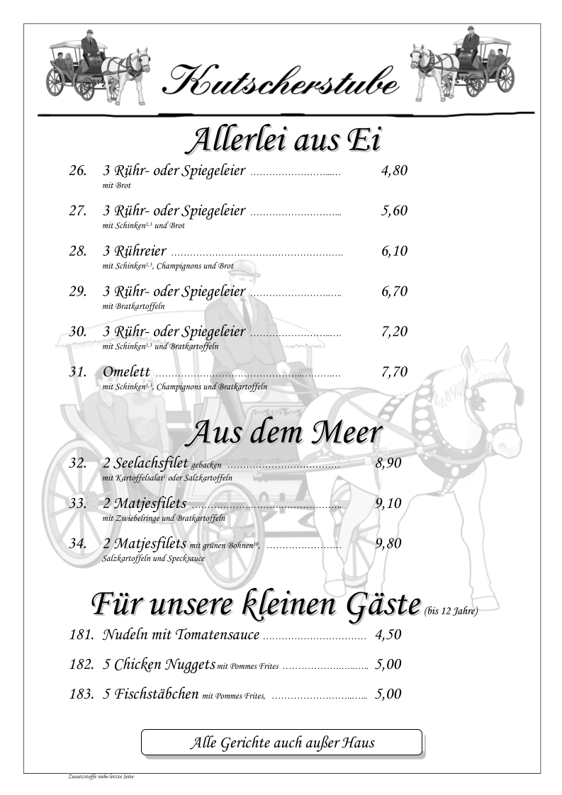 Speisekarte, Kutscherstube