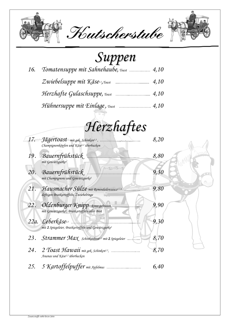 Speisekarte, Kutscherstube