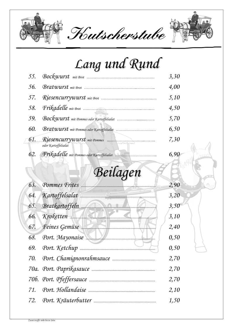 Speisekarte, Kutscherstube
