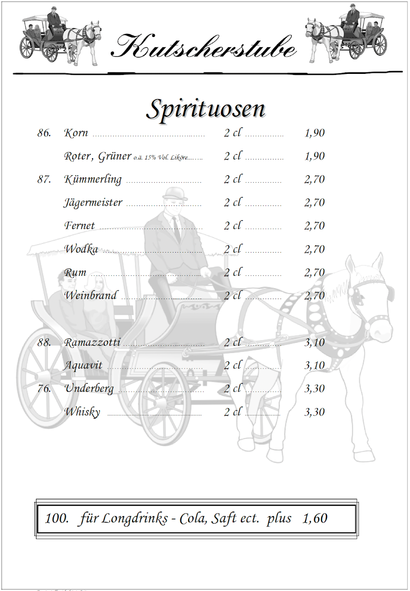 Speisekarte, Kutscherstube