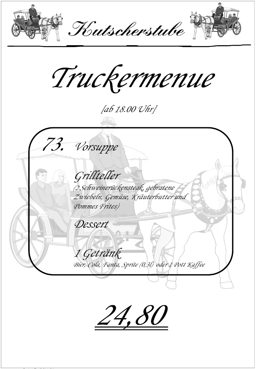 Speisekarte, Kutscherstube
