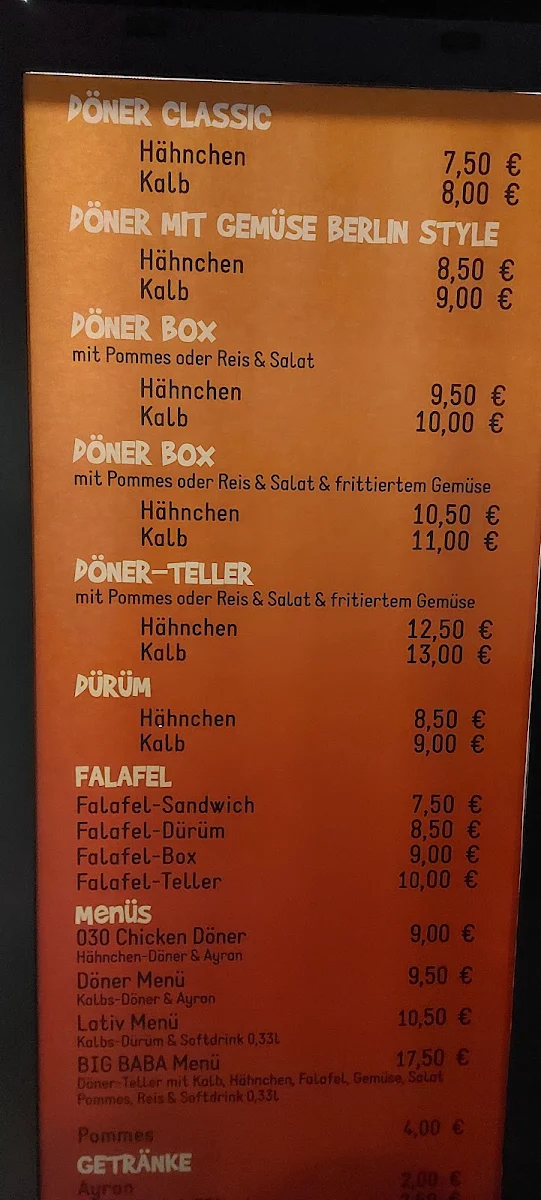 Speisekarte, Baba's Döner