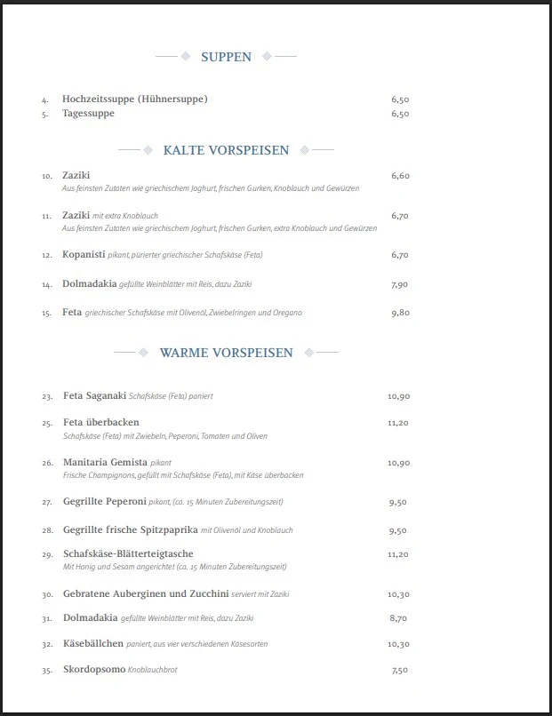 Speisekarte, Restaurant Platon