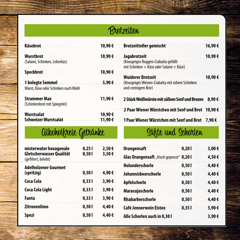 Speisekarte, Cafe Wildschütz Jennerwein
