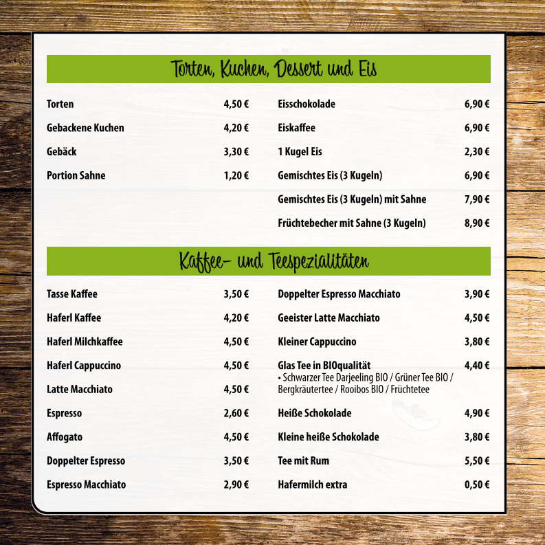 Speisekarte, Cafe Wildschütz Jennerwein
