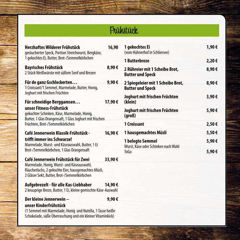 Speisekarte, Cafe Wildschütz Jennerwein