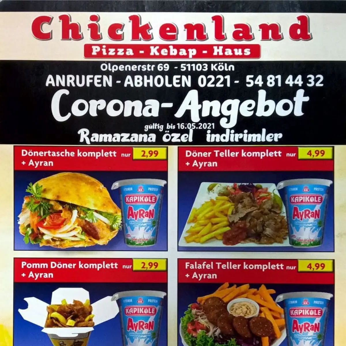 Speisekarte, Chickenland Pizza Kebab Haus
