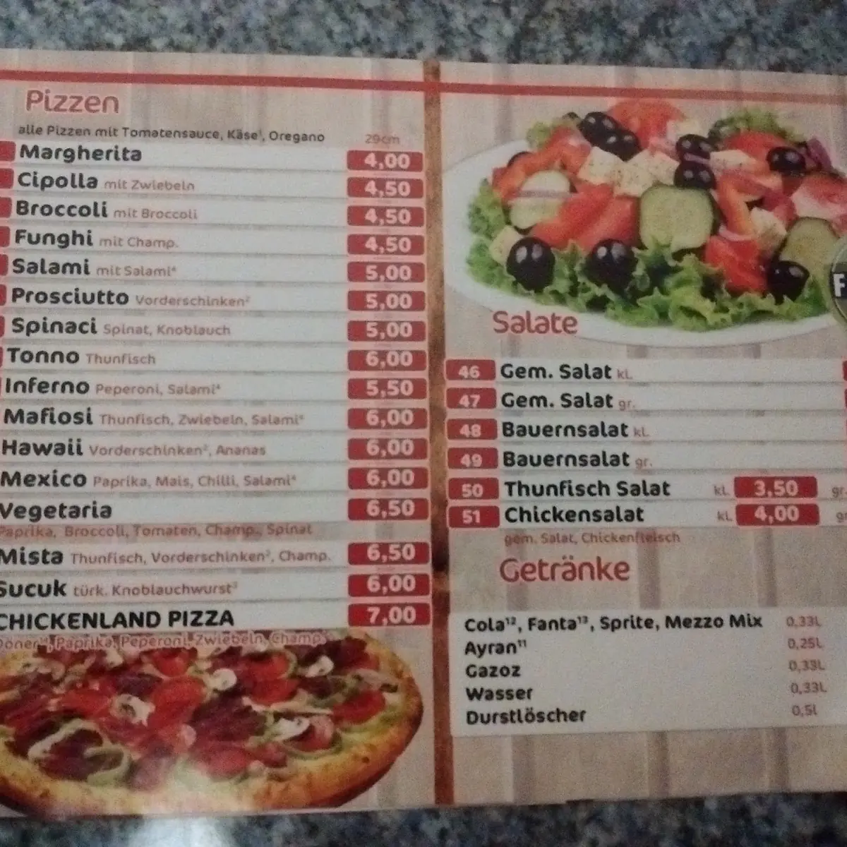 Speisekarte, Chickenland Pizza Kebab Haus