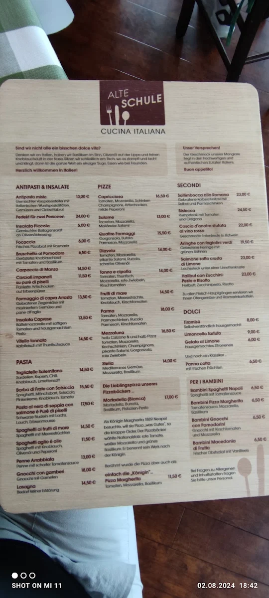 Speisekarte, Alte Schule - Cucina Italiana