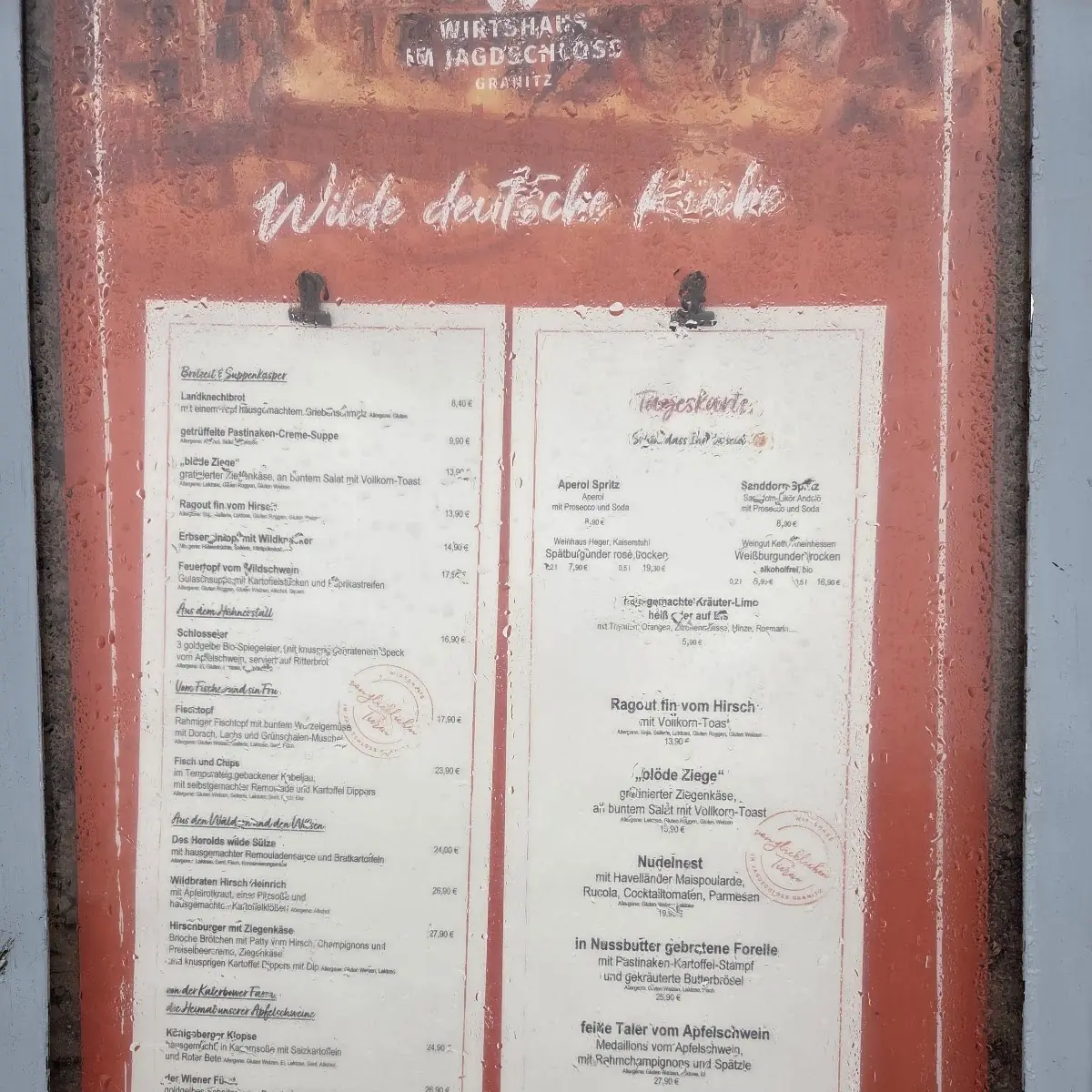Speisekarte, Wirtshaus am Jagdschloss Granitz