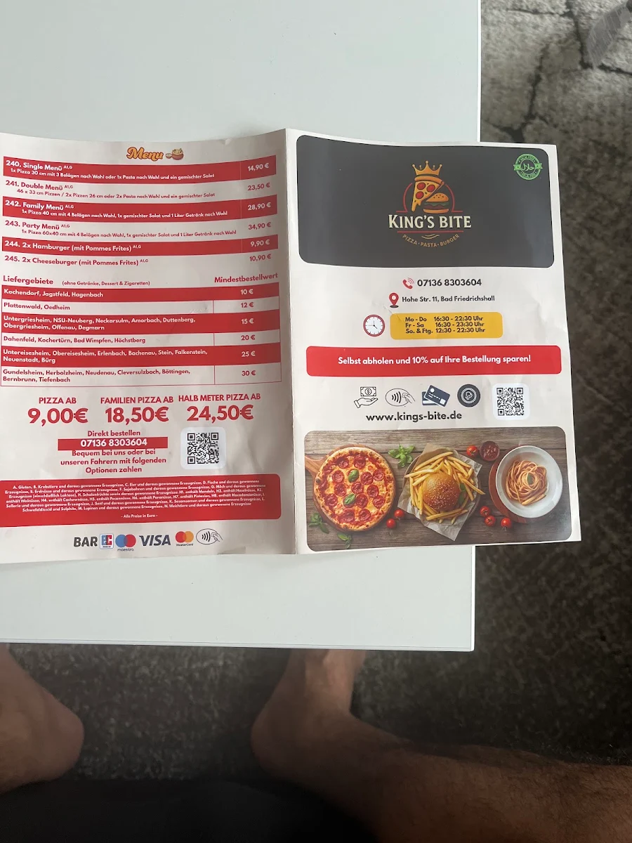 Speisekarte, Kings Bite Pizza & Burger Service