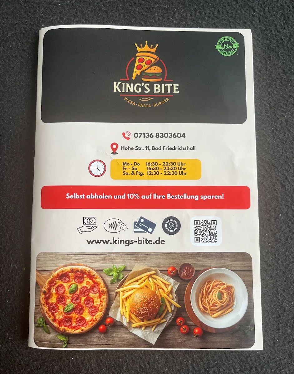Speisekarte, Kings Bite Pizza & Burger Service