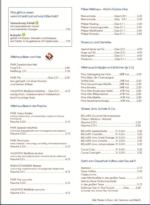Speisekarte, Valentins Wirtshaus & Biergarten