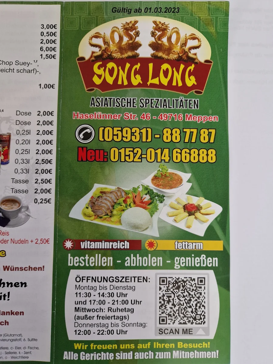 Speisekarte, Song Long Asiatische Spezialisten