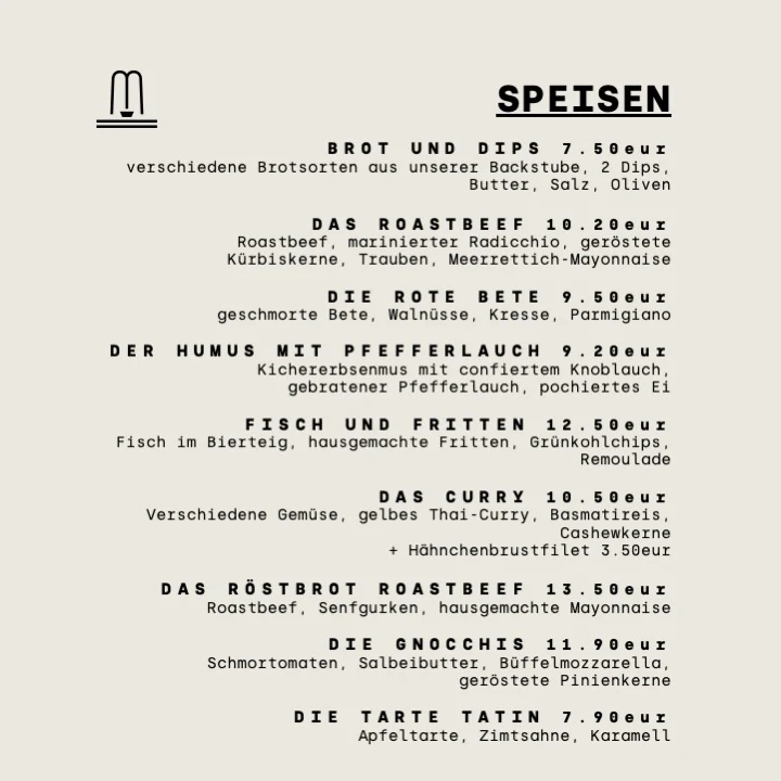 Speisekarte, Stadtparkcafe