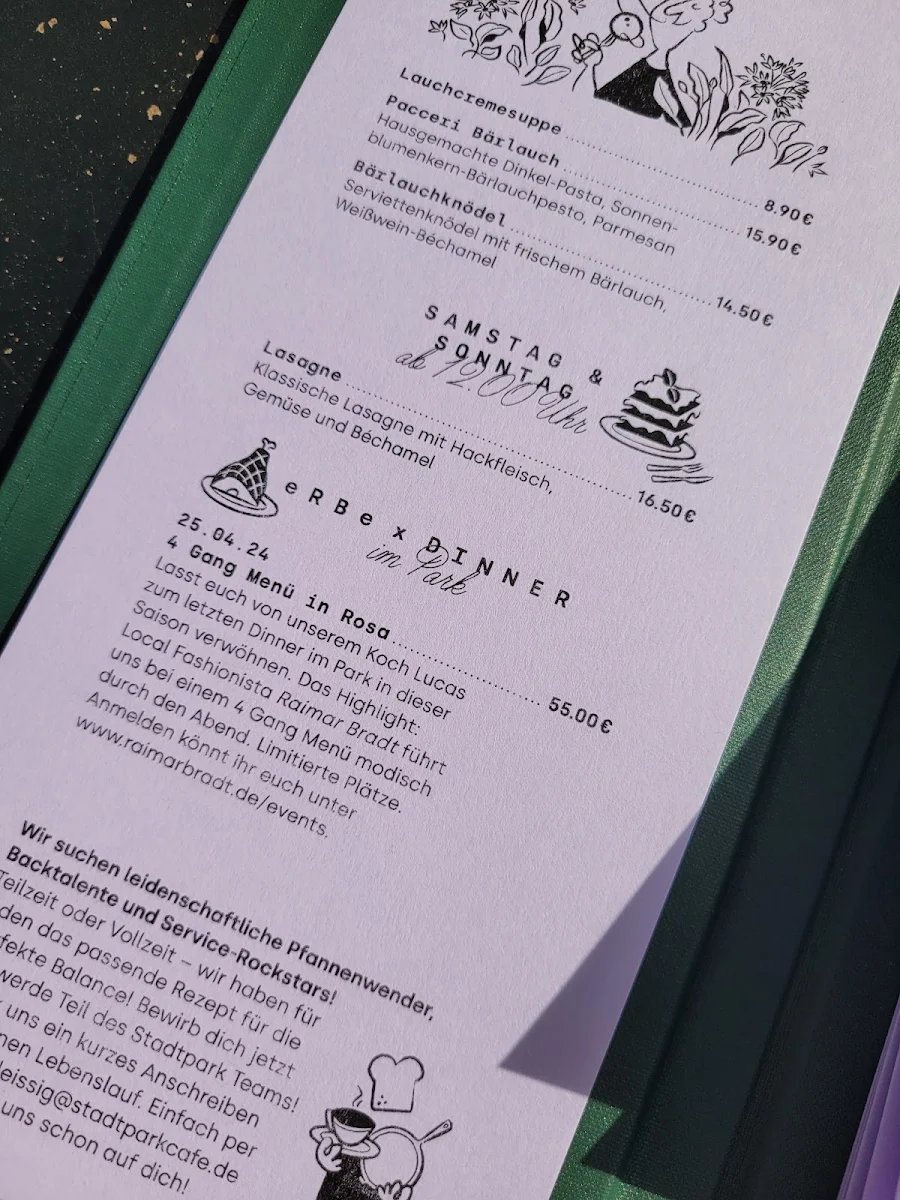 Speisekarte, Stadtparkcafe