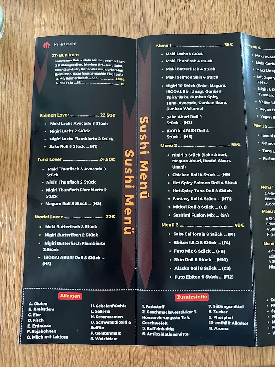 Speisekarte, HANA’S SUSHI BAR