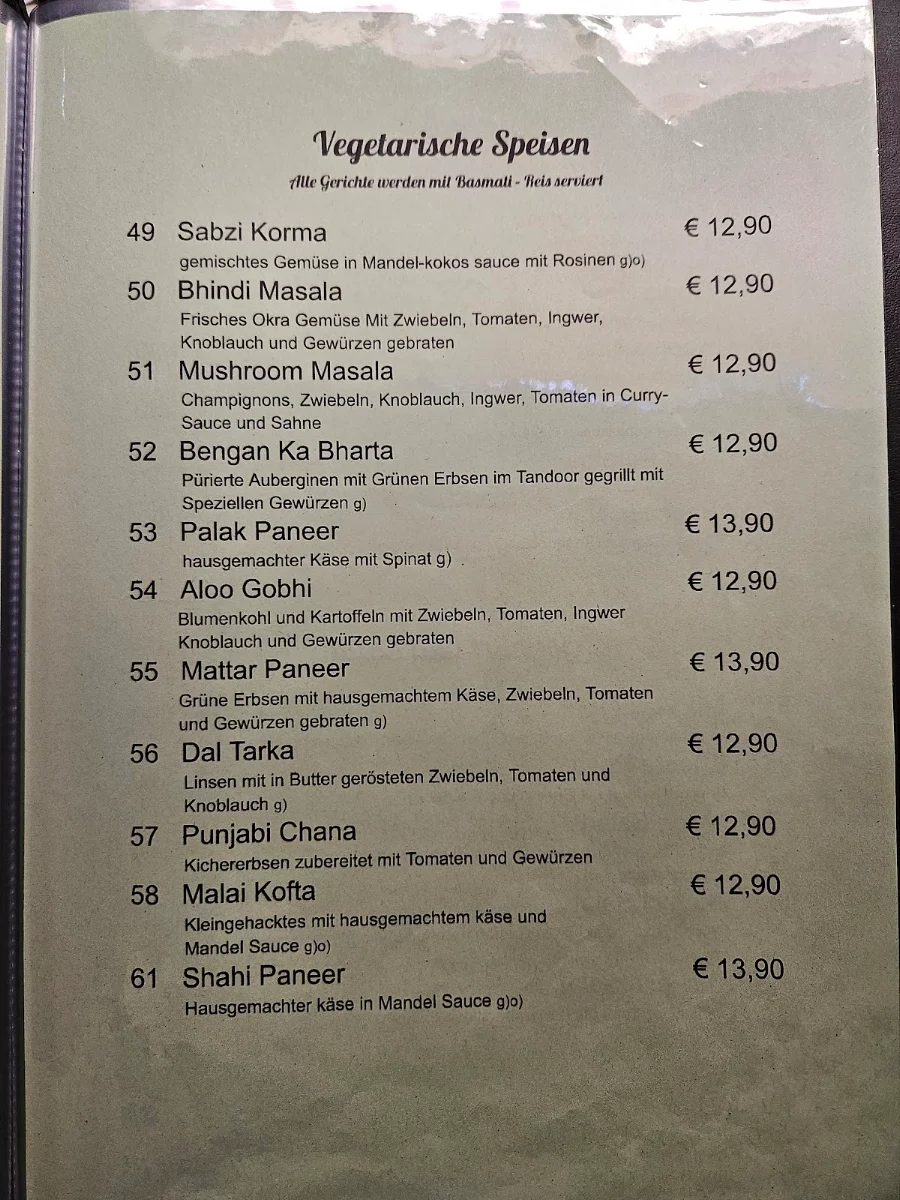 Speisekarte, Mumbai Indisches Restaurant