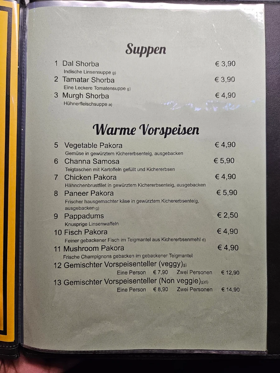 Speisekarte, Mumbai Indisches Restaurant