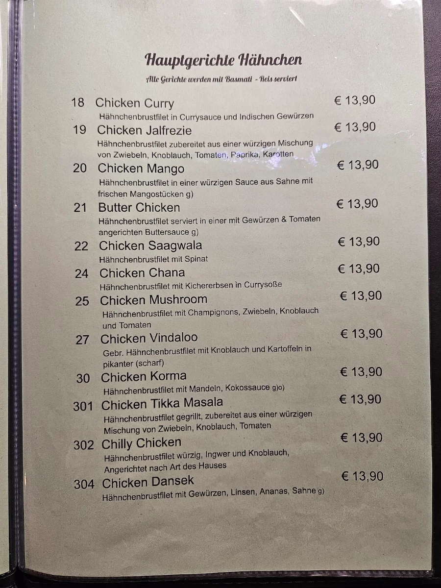 Speisekarte, Mumbai Indisches Restaurant