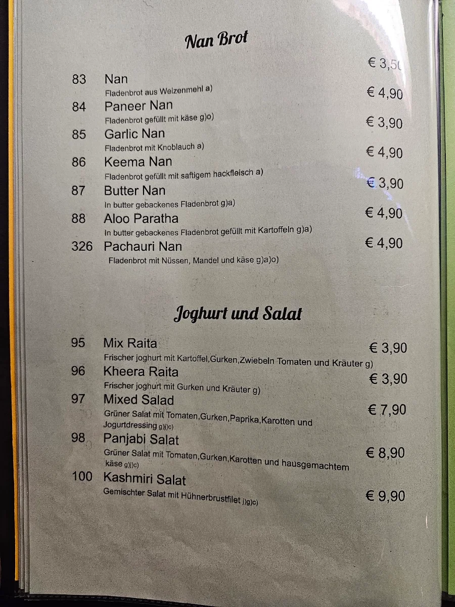 Speisekarte, Mumbai Indisches Restaurant